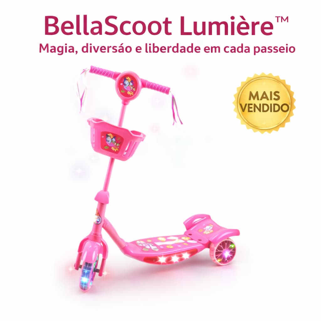 Patinete Infantil 3 Rodas Dobrável com Luz LED e Som Rosa BellaScoot Lumière™ Seguro e Estável para Crianças