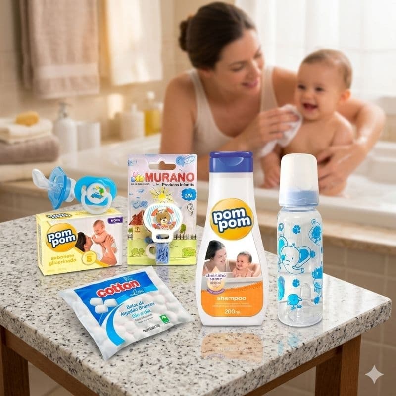 Mamadeira Petita 240 ml +Shampoo Pom Pom Kit Bebê Lembrancinha Presente Cha de Bebe 6 itens essenciais Chupeta Sabonete