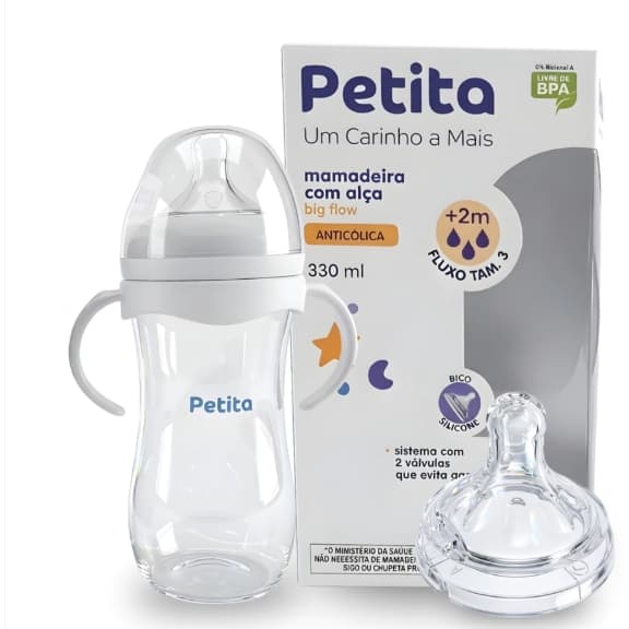 Mamadeira 330ml Bebê 2+ Meses | Petita Big Flow Anticólica | Alça Removível Bico N2 Segura | Não Vaza BPA Free