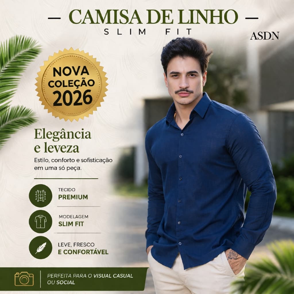 Camisa Social Masculina Manga Longa Linho Casual Verão Elegante Slim Fit Para Moda