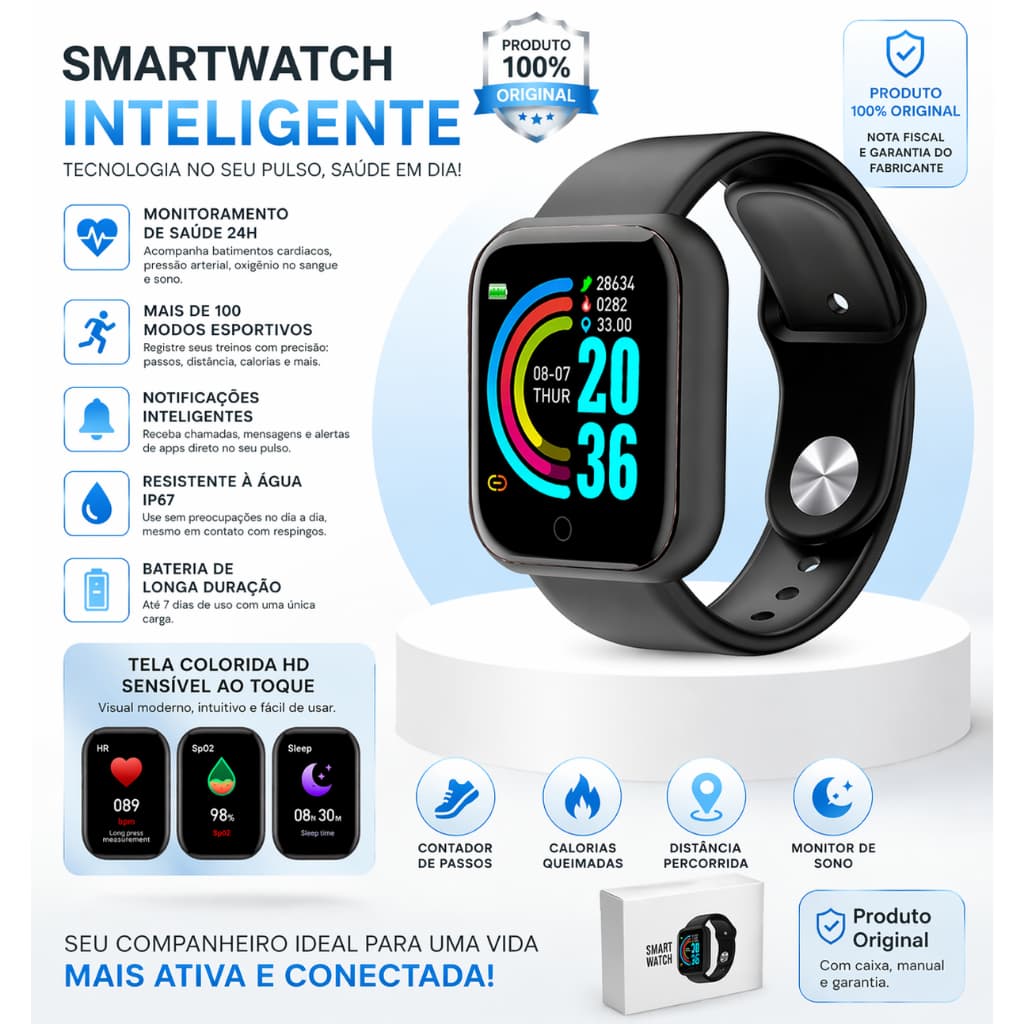 Relógio Smartwatch D20 Kapbom Preto | Relógio Inteligente Fitness | Monitor Cardíaco | Passos Calorias | Android iOS