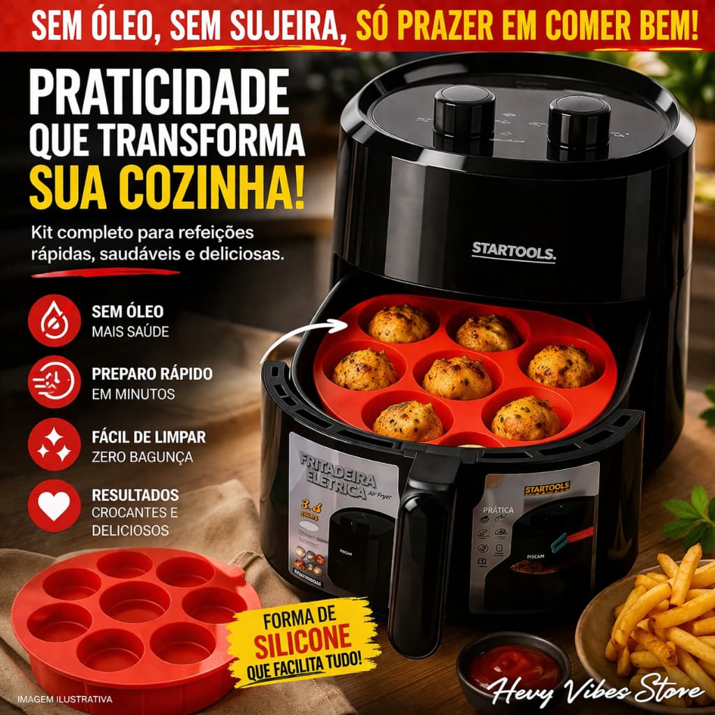 Kit Air Fryer 3,4L Sem Óleo + Forma Silicone Antiaderente Fritadeira Elétrica Rápida Fácil Limpar 220V