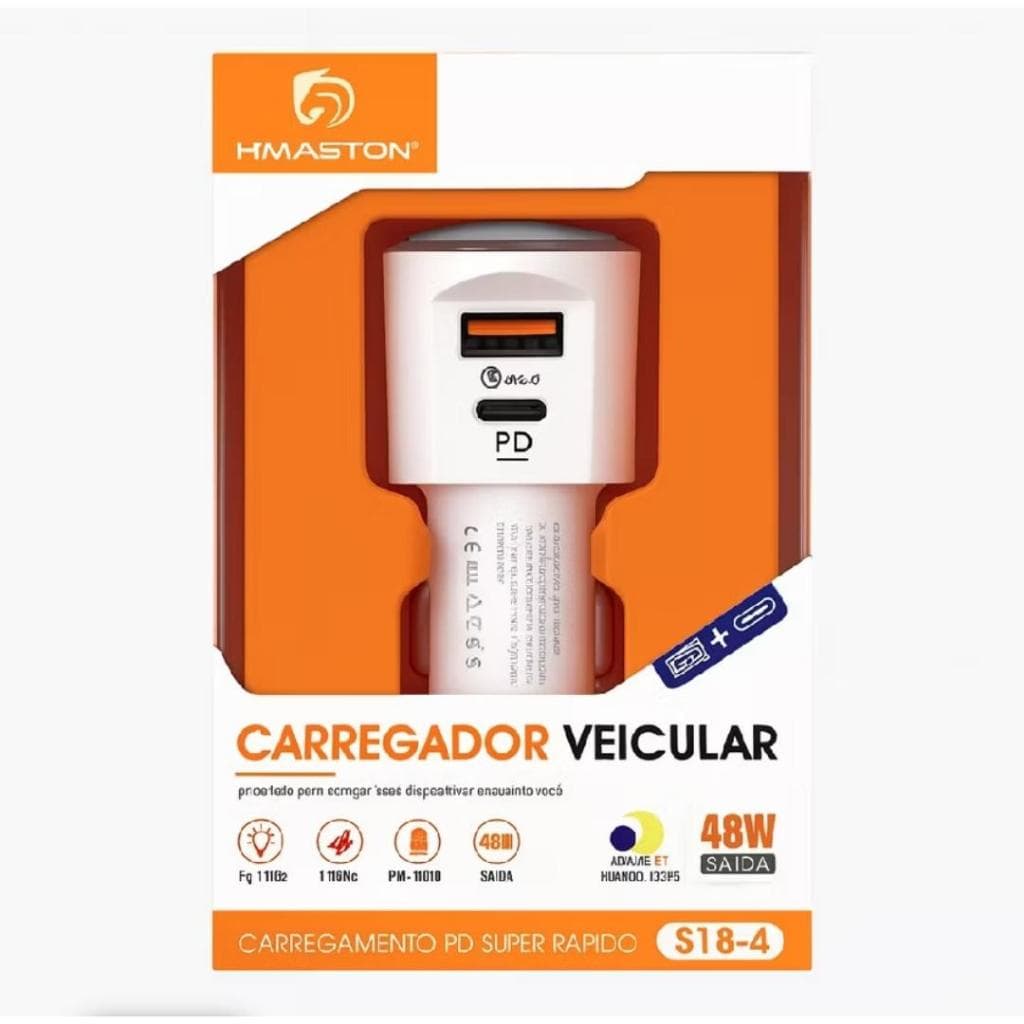 Carregador Veicular Turbo 48W USB + Tipo-C PD Carro H’Maston Carregamento Rápido