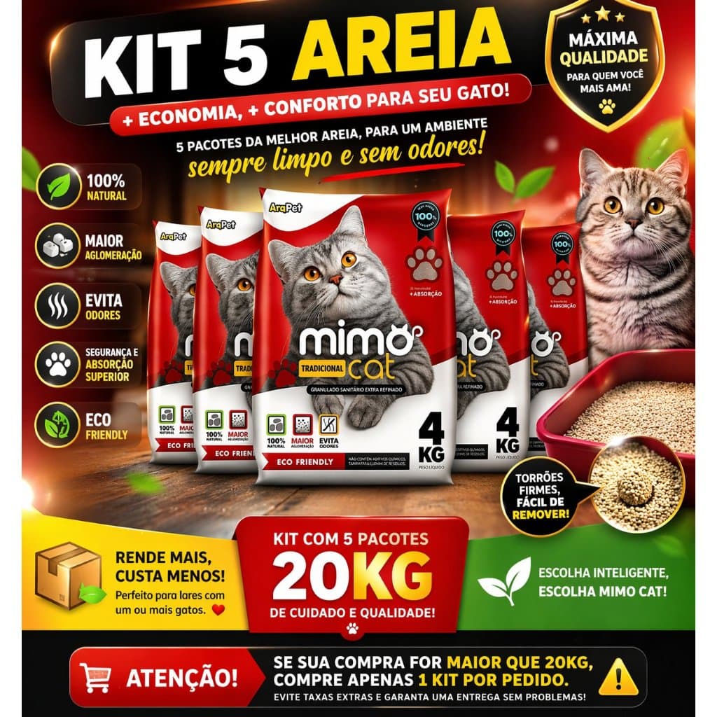 Kit Areia Sanitária Higiênica Argila Natural para Gatos Grãos Médios Tradicional 20 kg Mimo Cat