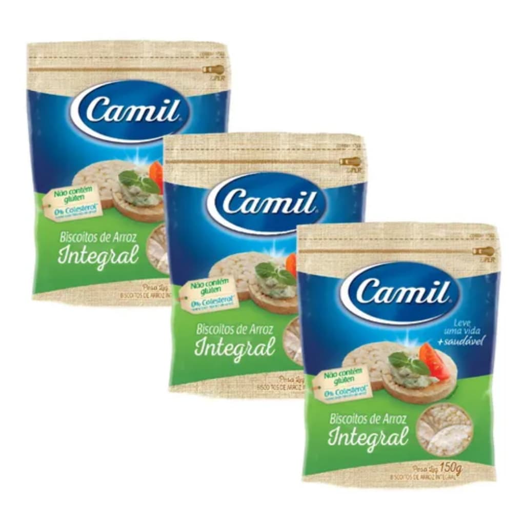 Biscoito de Arroz Integral Camil 3x150g - Sem Glúten e Sem Açúcar Saudável Natural, Dieta