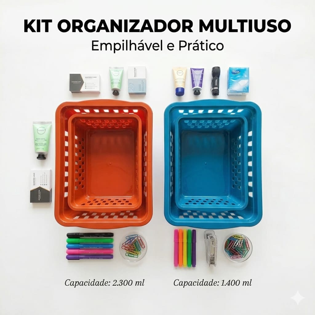 Kit 2 Cestinhas Organizadoras Multiuso 1400ml e 2300ml Armário Gaveta Cozinha Banheiro Lavanderia