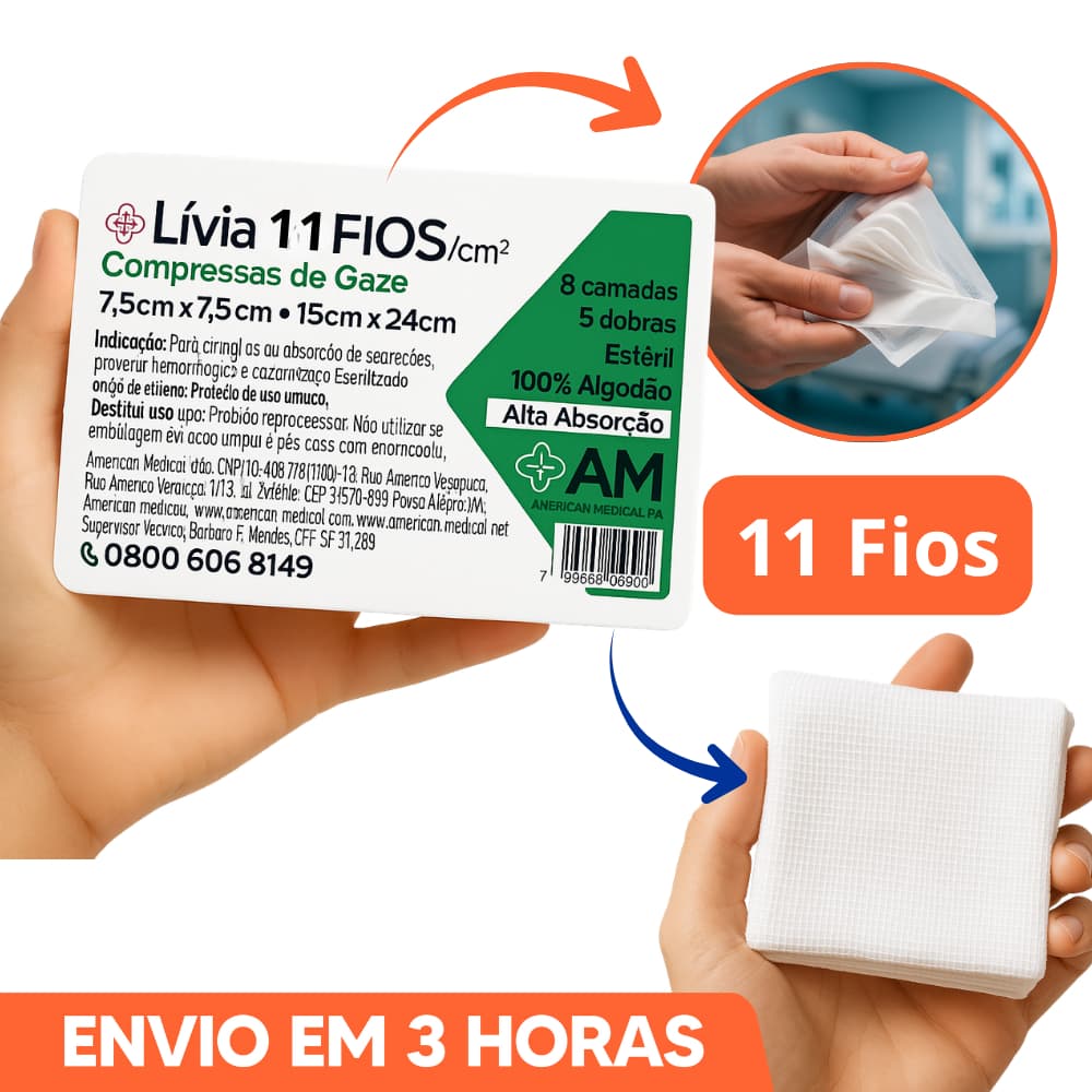 Kit Até 500un Compressa de Gaze Estéril Hidrófila 11 Fios Lívia 7,5x7,5cm Marca Amed
