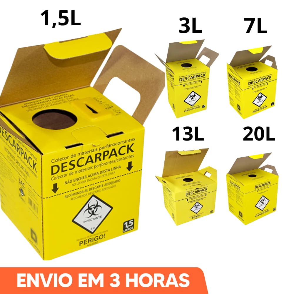 Caixa Coletora 1,5L 3L 7L 13L 20L Para Material Perfurocortante Descarpack