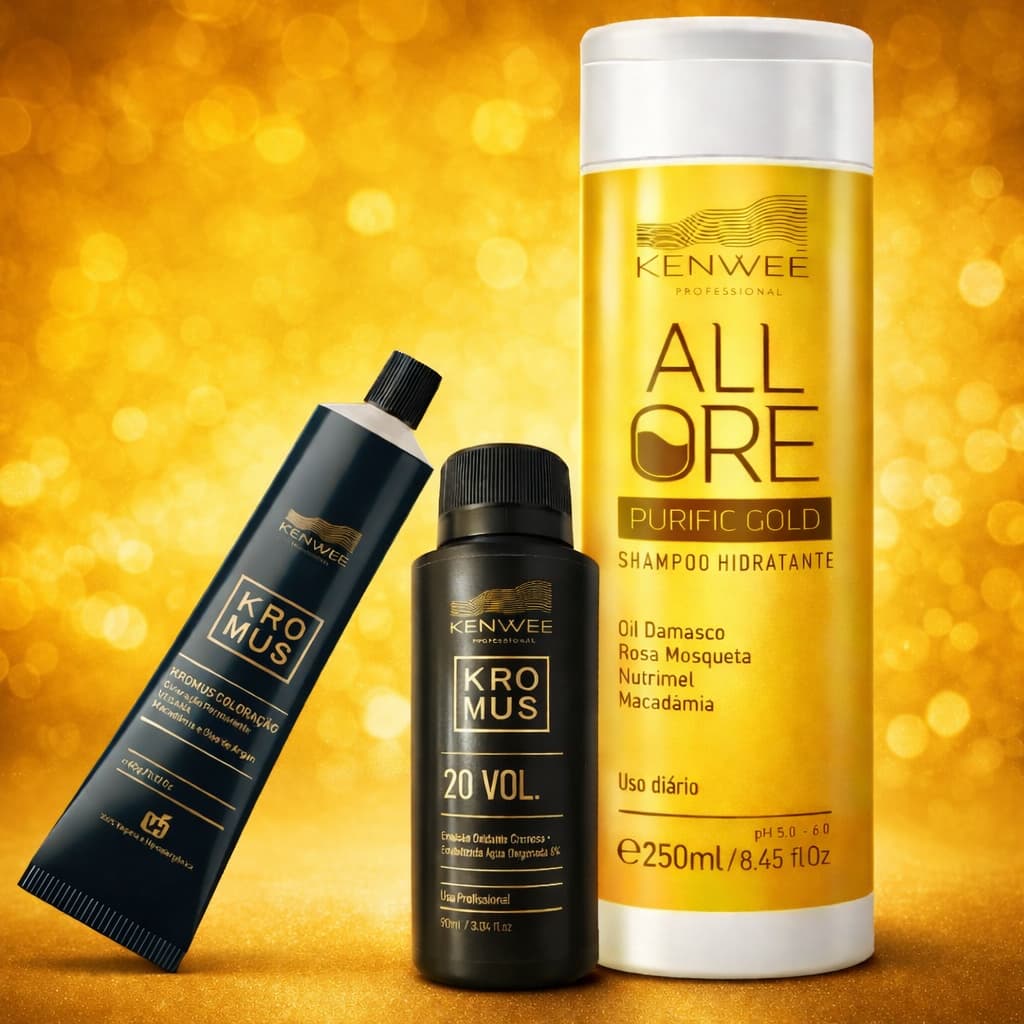 Kit Coloração 100% Vegana Hipoalergenica c/ Revelador OX 20 Vol e Shampoo Hidratante All Ore Purific Gold Kenwee