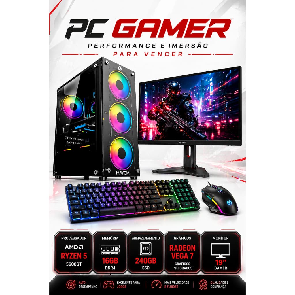 PC GAMER AMD RYZEN 5 5600GT - 16GB DDR4 - SSD 240GB - RADEON VEGA 7 - MONITOR 19'' - KIT GAMER RGB