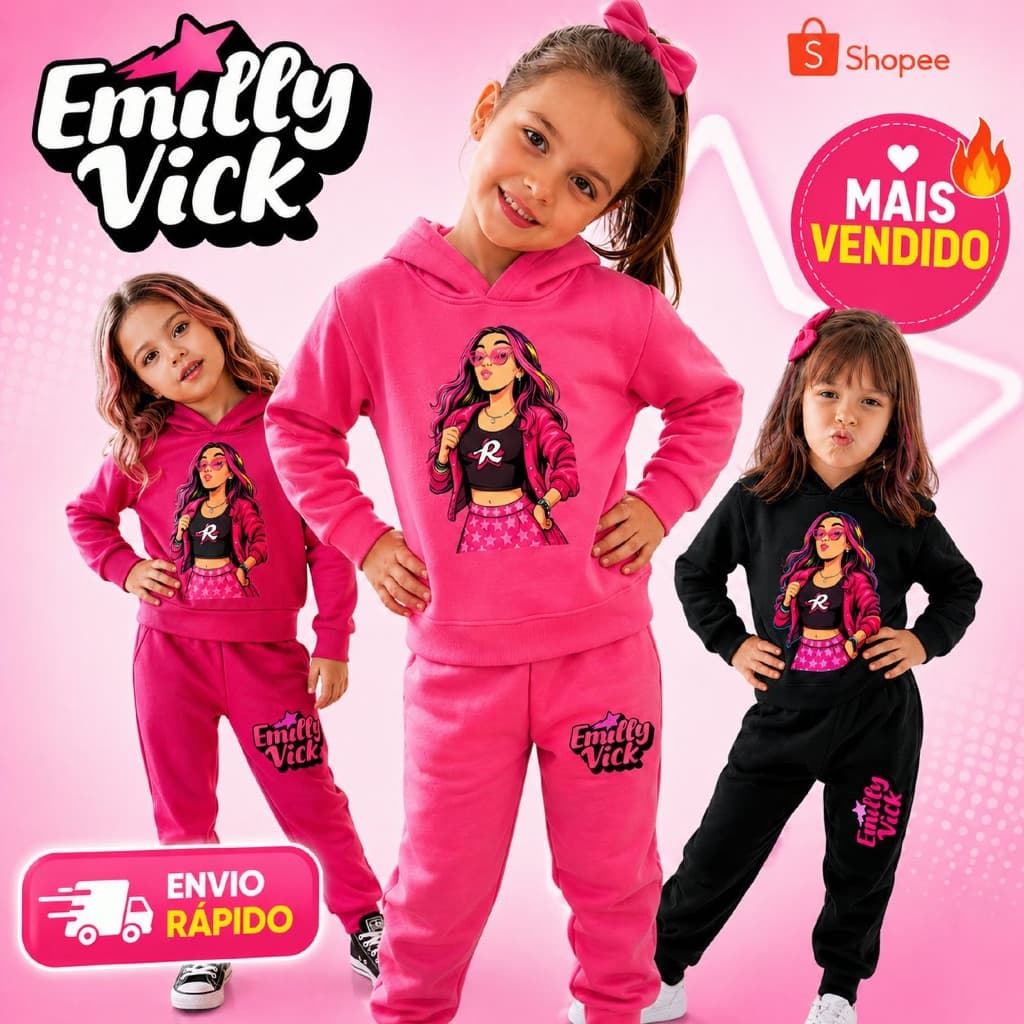 Conjunto Moletom Infantil Feminino Rosa Emily Vick Estampa Fashion Blogueirinha peluciado quentinha dia dia Grupo Rosas