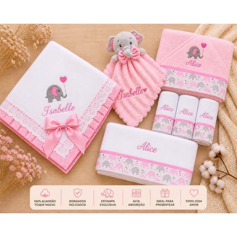 kit enxoval para bebê personalizado tema elefante com manta, naninha, toalha, fraldas