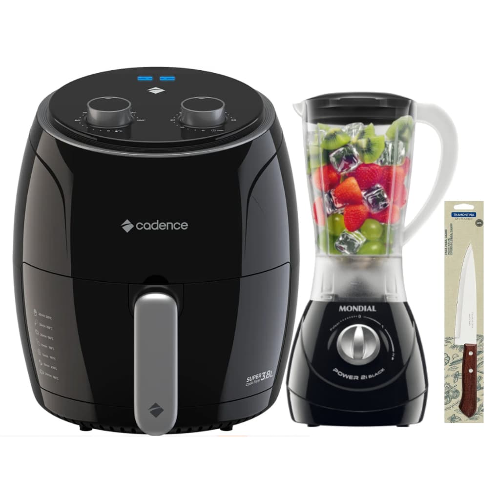 Kit Liquidificador Mundial Turbo 550W + Fritadeira Eletrica Sem Óleo 1300w + Faca Peixeira Tramontina