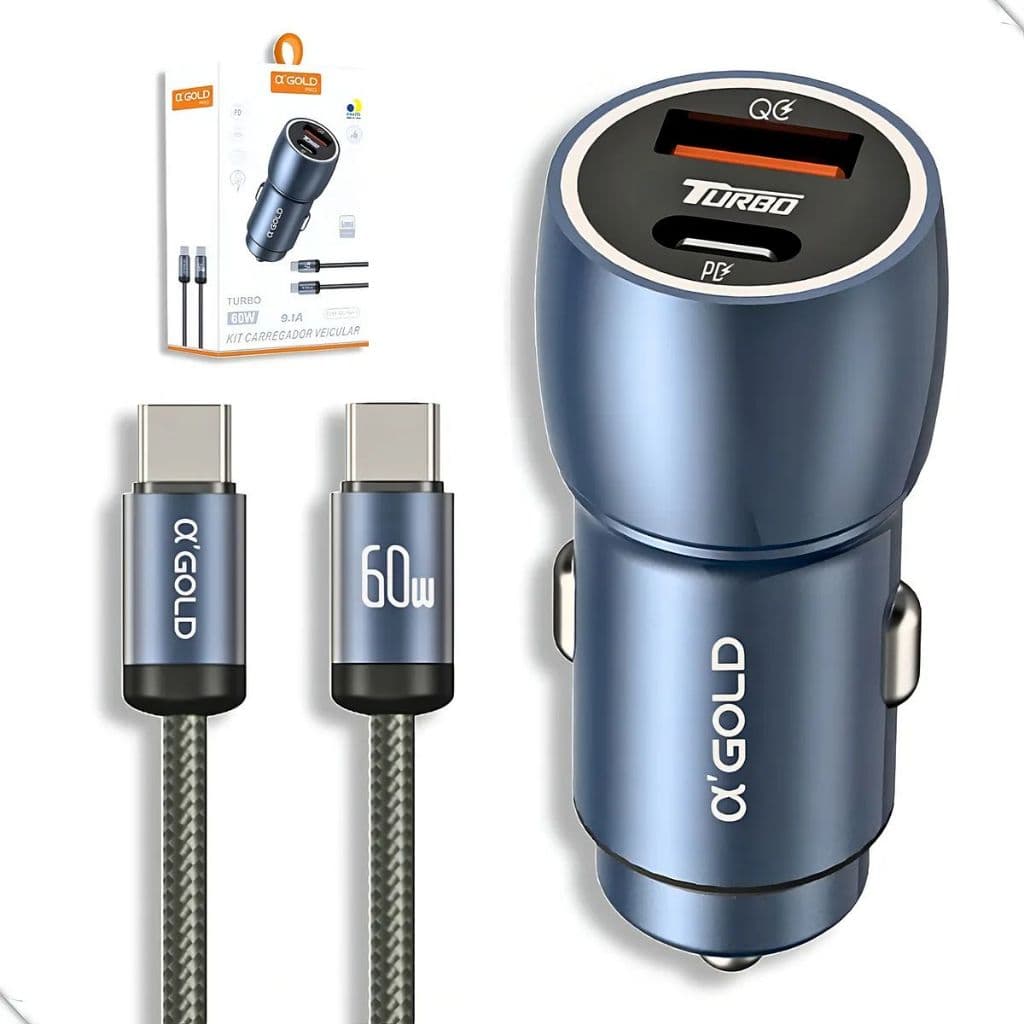 Carregador Veicular 60w Turbo Porta Dupla Usb-c E Cabo Cor Mesclado /azul