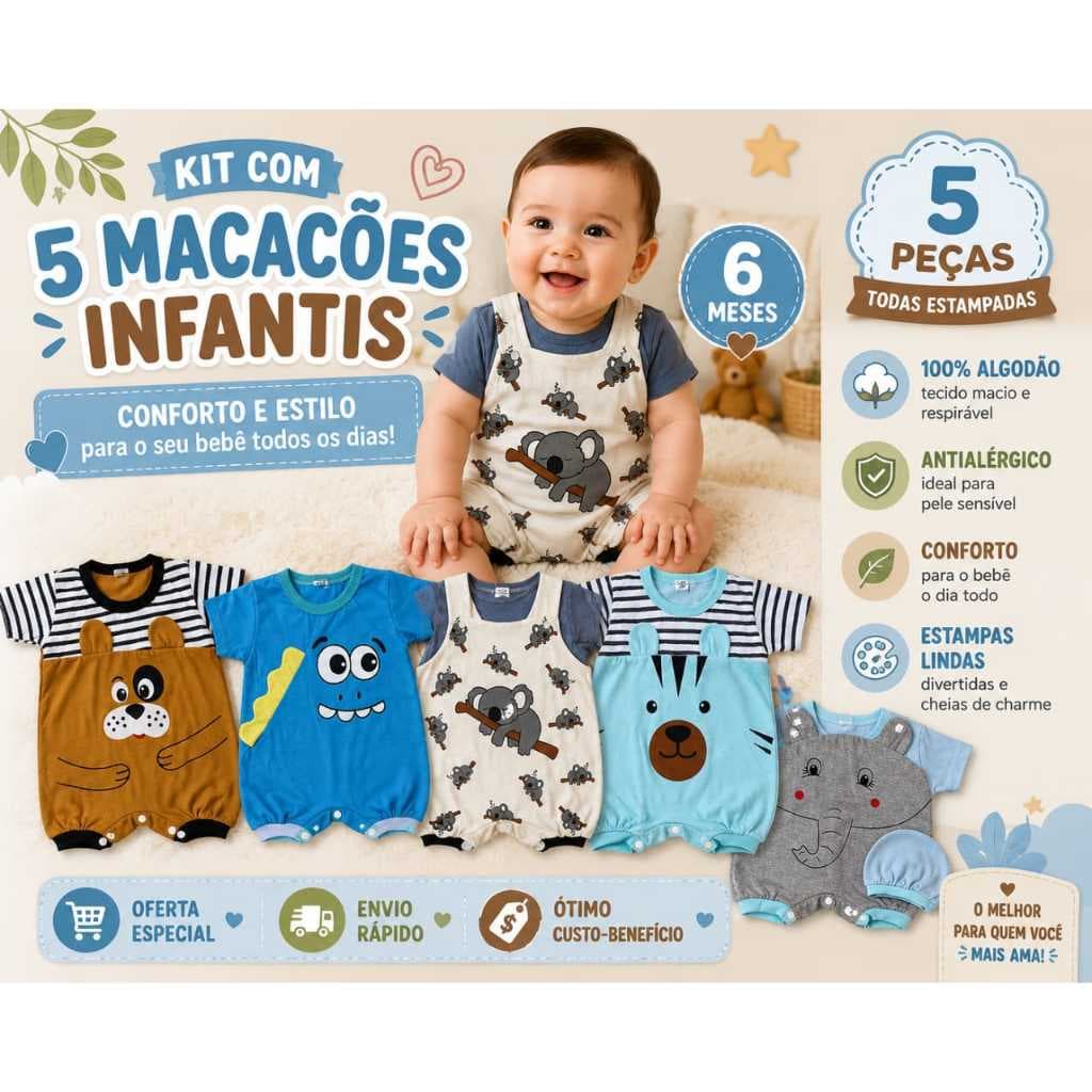 kit 5 peças macacão enxoval moda infantil roupas de bebê com touca, malha 100% algodão ideal 0 a 6
