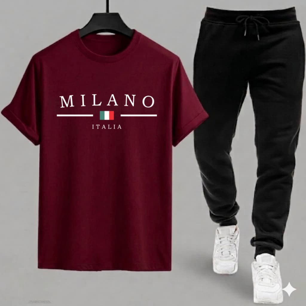 Kit Conjunto Camiseta e Calça moletom Moda masculina camiseta casual Milano Malha Algodão + calça Moletom Com bolso