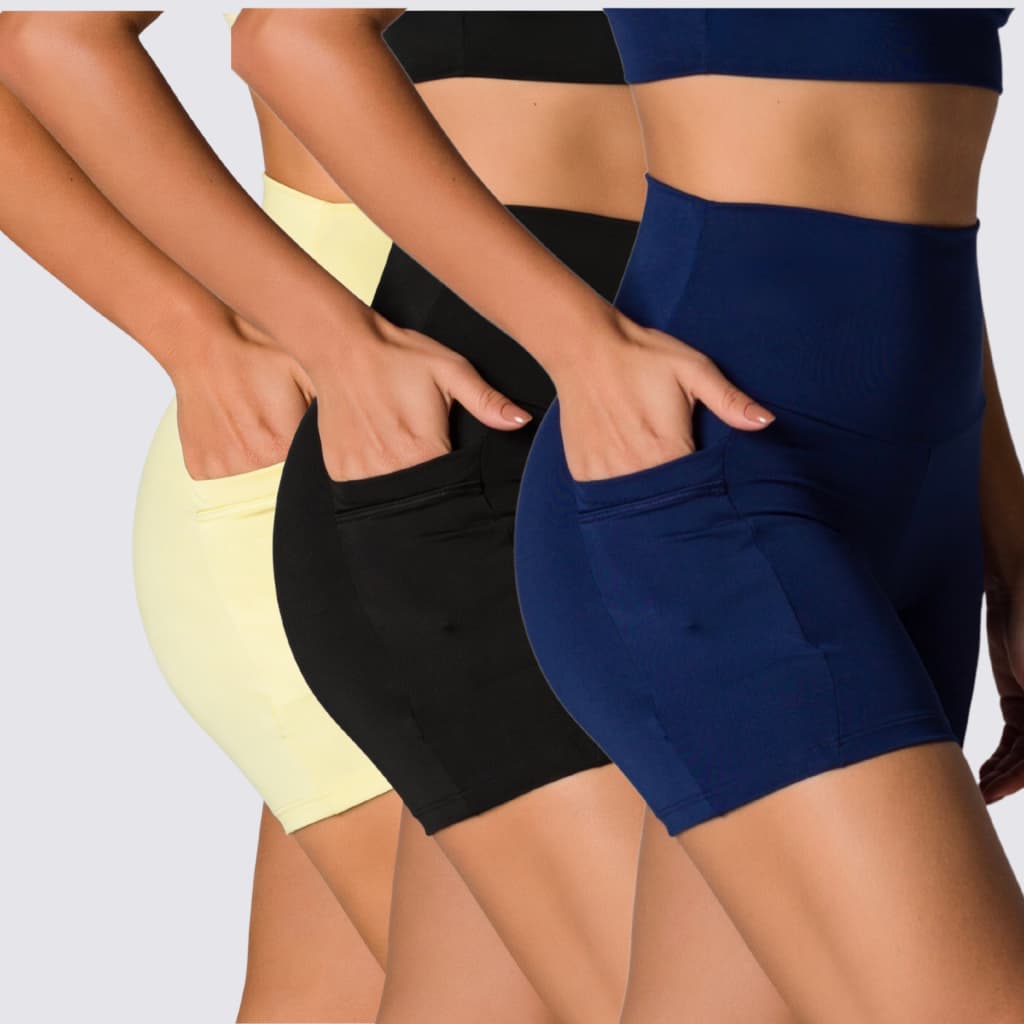 Kit 3 Short Fitness Com Bolso Lateral Poliamida Blackout Sem Transparência Kit Roupa Feminina