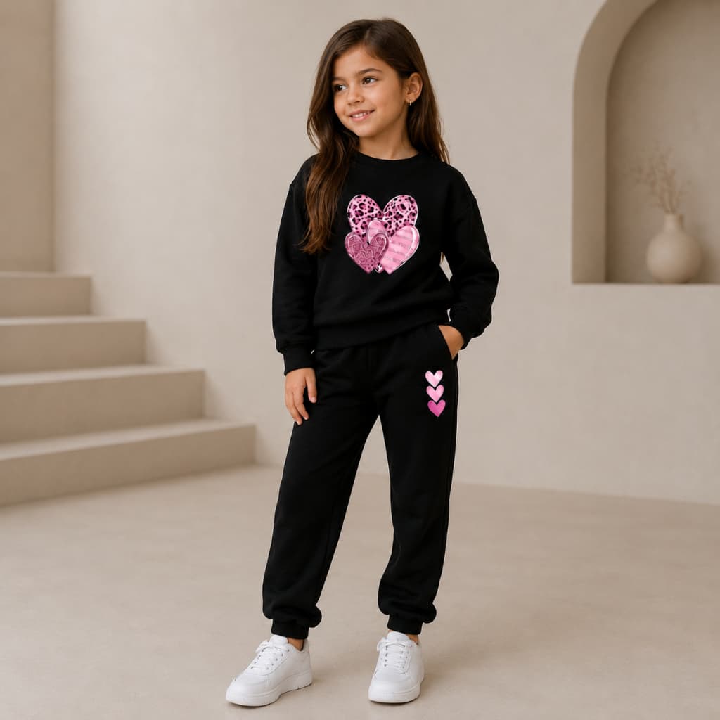 Conjunto Moletom Infantil Agasalho Inverno Fofo Menina Estiloso Coração Rosa Moletom  Flanelado