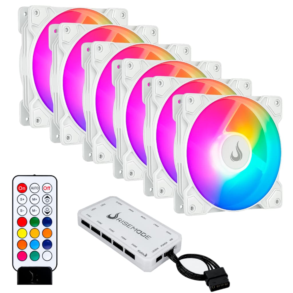 Kit 6 Fans Cooler Ventoinhas Pc Gamer Rise Mode Z White Argb C/ Controladora Hub Branco