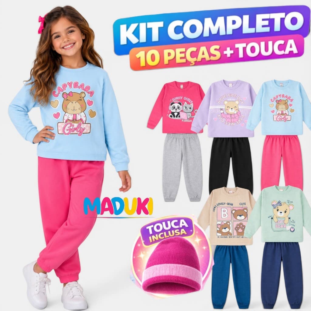 Kit 10 Peças Moletom + Touca Infantil Menina 1 a 8 Inverno