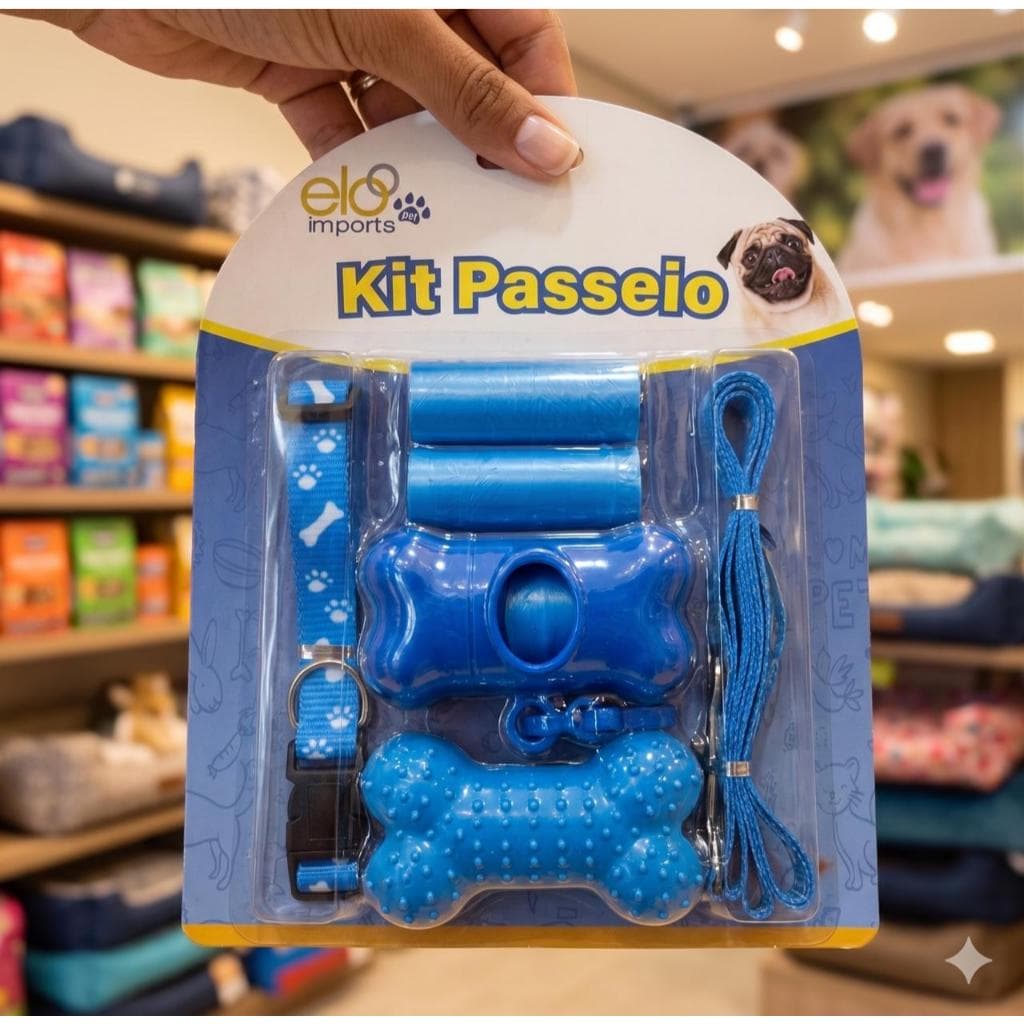 Kit Passeio Pet com Guia, Coleira, Porta-Saquinhos e Brinquedo  + Saquinho.