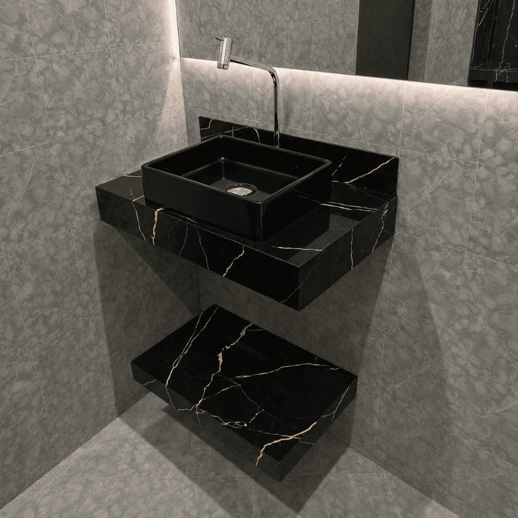 Kit Completo Bancada com Cuba Sobreposta e Prateleira em Porcelanato Polido Chanceler
