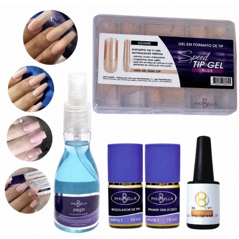 Kit Completo unha em Gel Speed Tip Gel + Preparadores e Grip Piu Bella