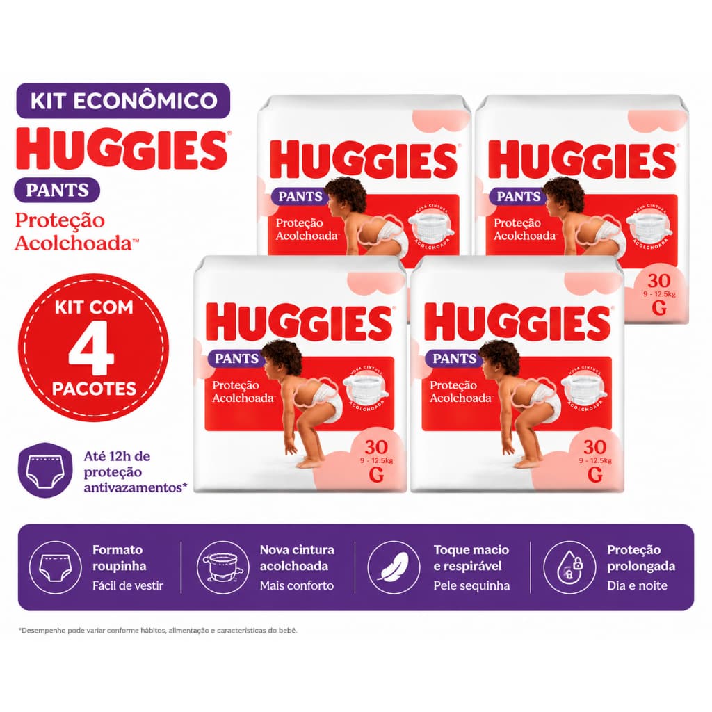 Kit Fralda Infantil  4 Pacotes Huggies Pants G 30 Un Proteção Acolchoada Original