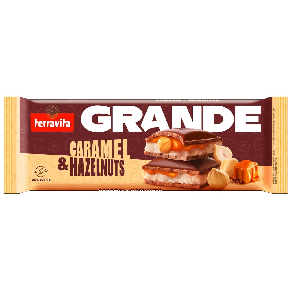 Terravita Chocolate Grande, Caramel And Hazelnuts, Caramelo e Avelãs 235g - Importado da Polônia