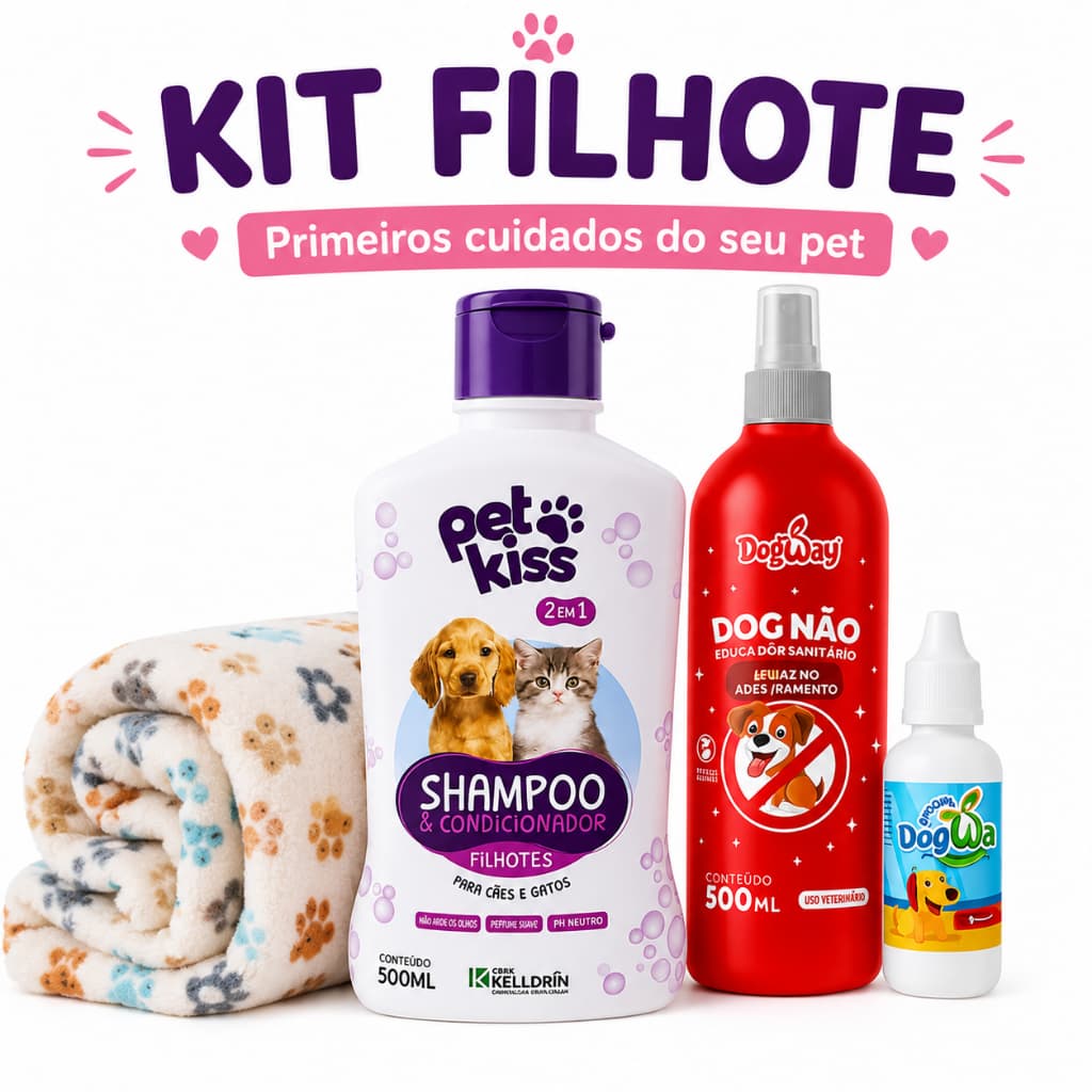 Kit Filhote Pet Completo Manta Shampoo e Educador Sanitário Para Cães e Gatos