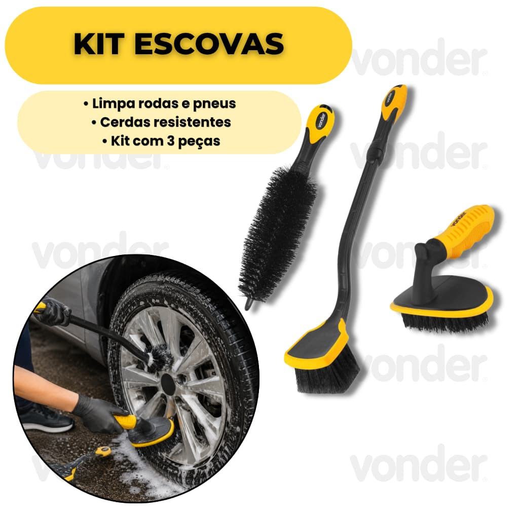 Kit Escovas Limpeza Automotiva Vonder 3 Peças Para Rodas Pneus Carro Detalhamento