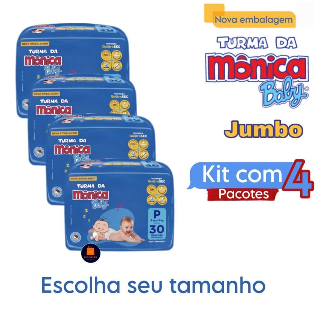 Kit C/4 Pacotes de Fralda Turma Da Monica  Jumbo RN,P,M,G