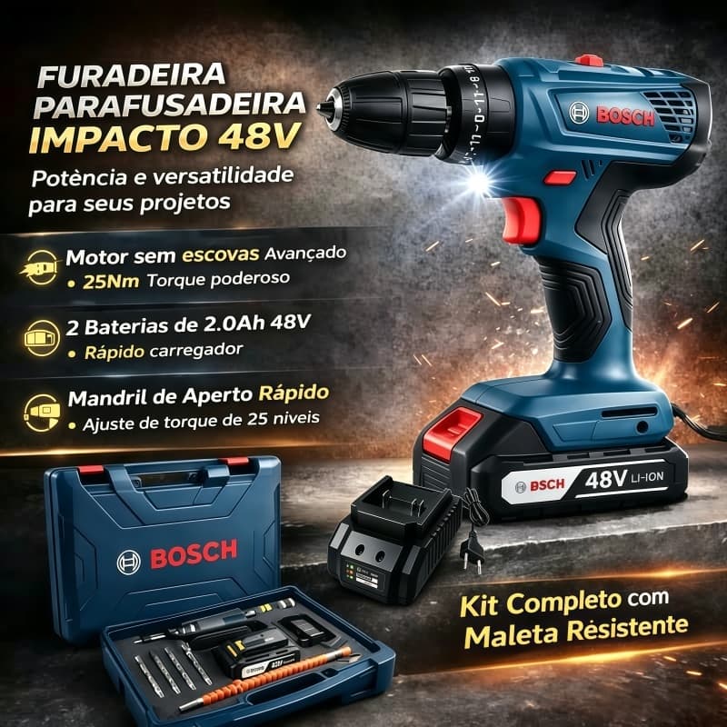 Bosch Furadeira Parafusadeira Impacto  2 Baterias Kit Completo Adequado para concreto com parafusos