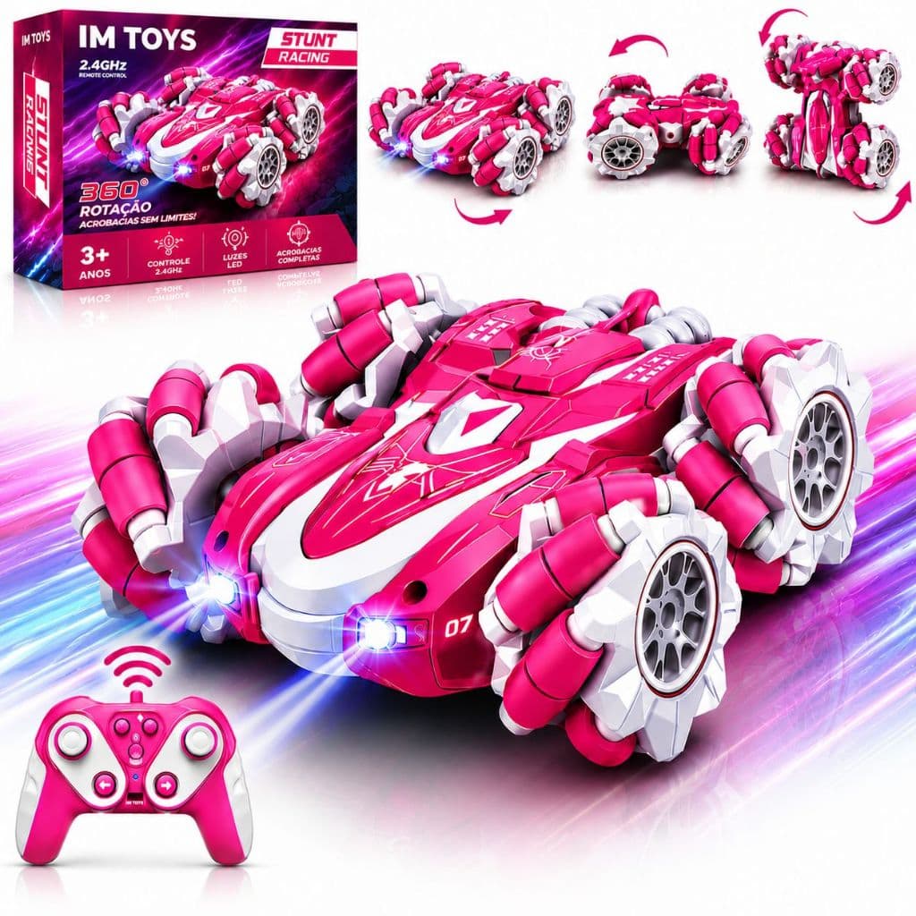 Carrinho Controle Remoto Feminino Recarregável Rosa Com Led Rodas Antiderrapante