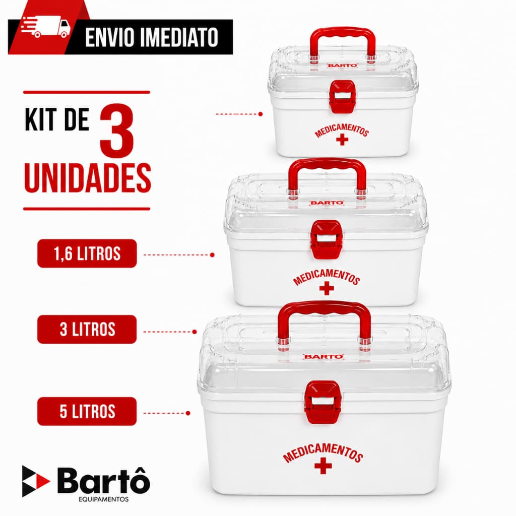 Kit 3 Caixas Organizadoras Primeiros Socorros Multiuso Maleta Remédios 1,6L 3L 5L