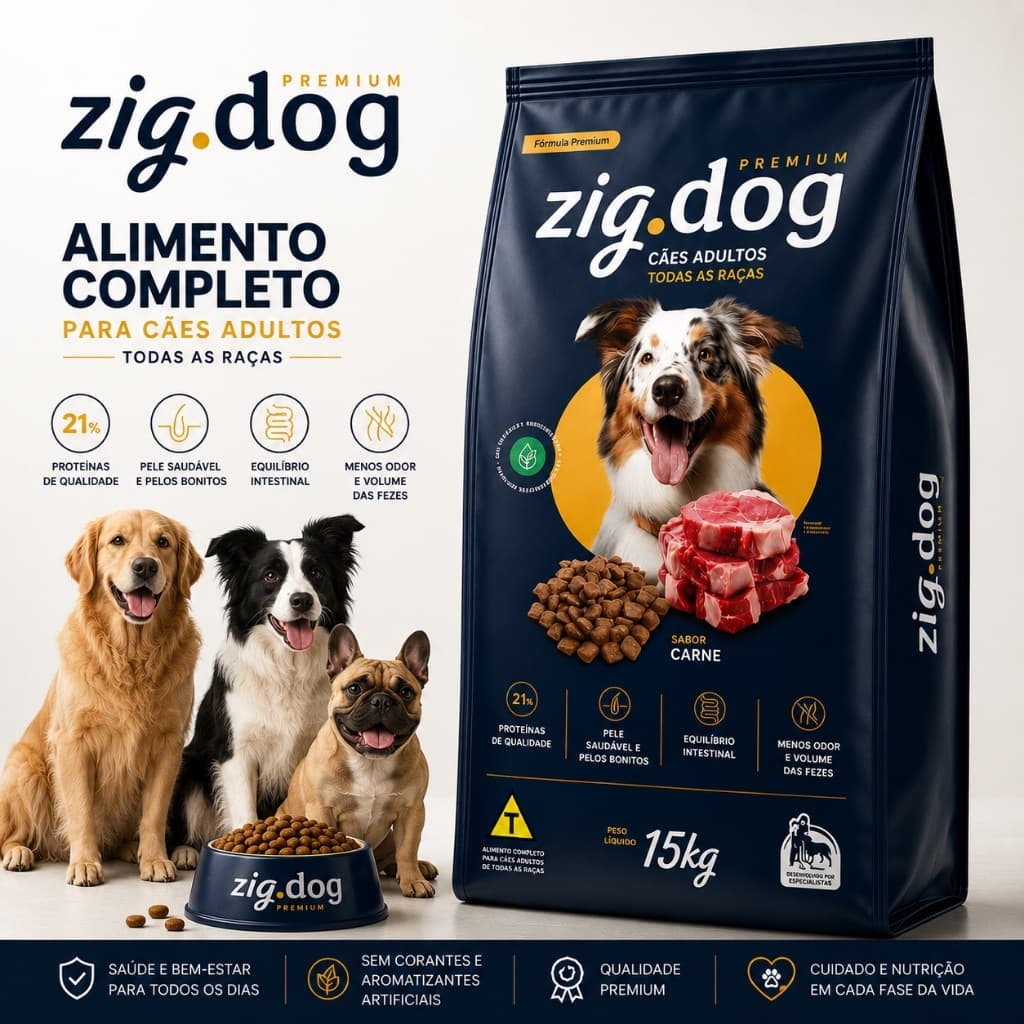 Ração 15kg Premium Zig Dog Para Cachorro Cão Sabor Carne Sem Corante Cães Adulto Todas as Raças