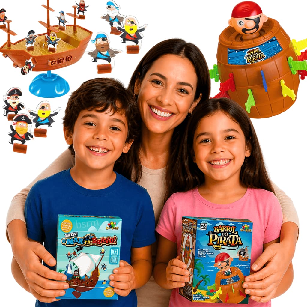 Kit 2 Jogos Infantis Família Barril Do Pirata Navio Pirata Brinquedo Educativo Diversão Sem celular