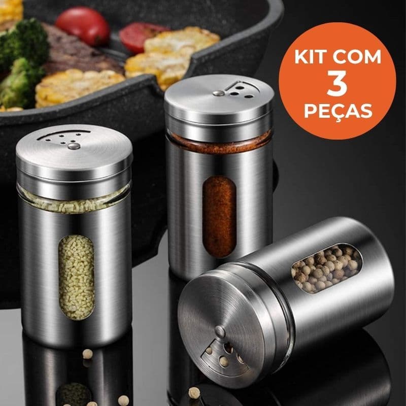 KIT 3 Saleiros Pimenteiro de Vidro e Aço Inox com Tampa Dosadora e Visor Tempero Condimento