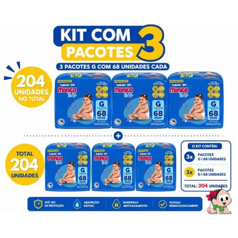 Kit de 3 pacotes de fraldas Turma Mônica tamanhos G com 204 Unidades