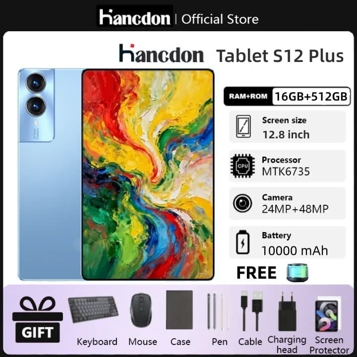【Teclado + mouse grátis】Tablet PC Hancdon Tab S12 Plus 12.8" HD 16GB +512GB ROM Câmeras 48MP+24MP Android 14 Wi-Fi 6