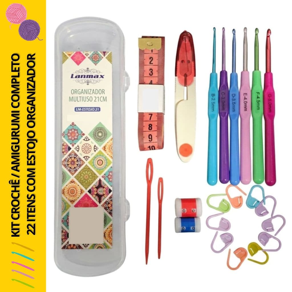 Kit Crochê / Amigurumi Completo 22 Itens com Estojo Organizador