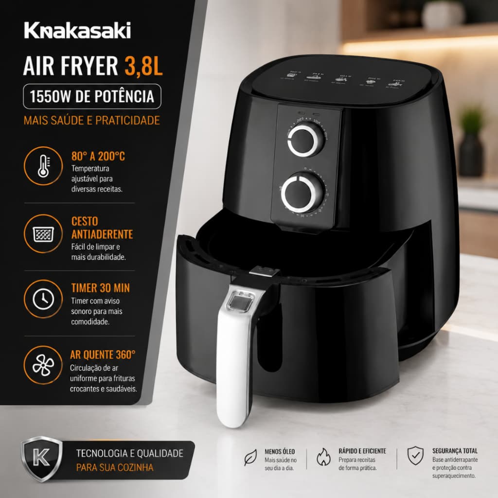 Air Fryer Nakasaki 3,8 Litros 1550W Sem Óleo Antiaderente 110V Ou 220V Fritadeira Elétrica
