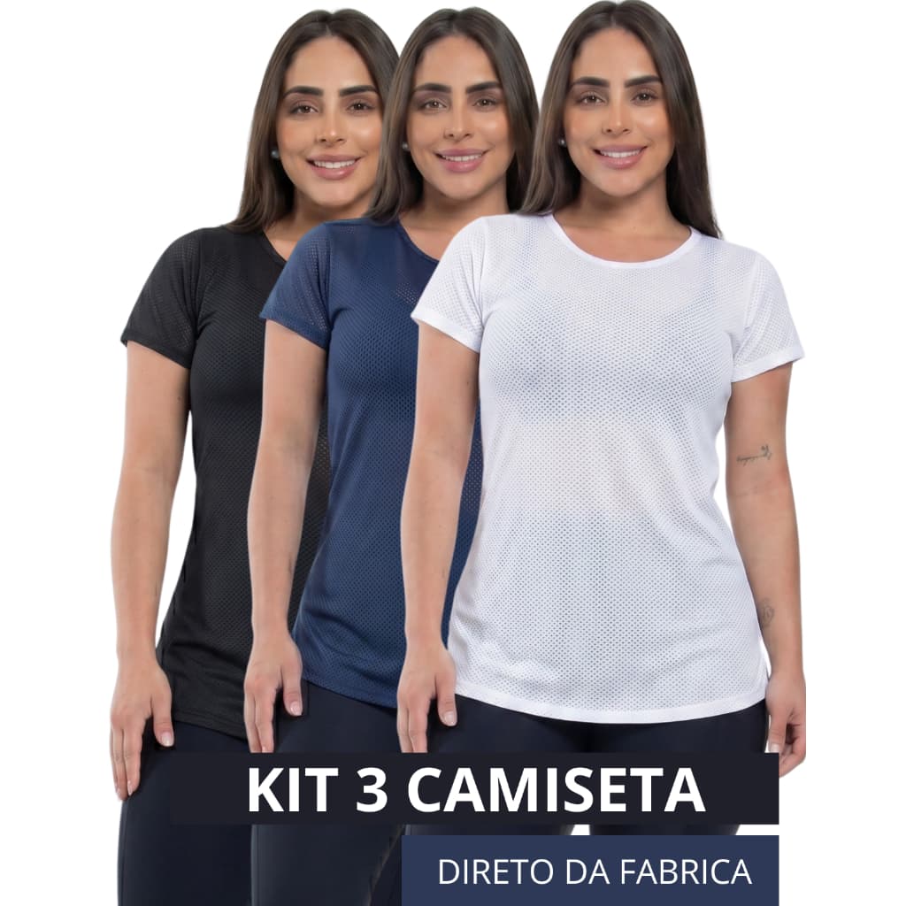 KIT 3 Camiseta Feminina Fitness Dry Fit Treino Baby Look Academia Furadinha Musculação