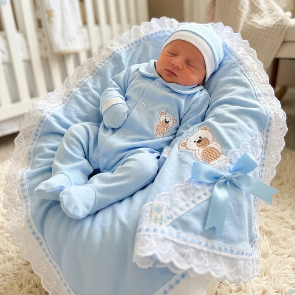 Kit Saída Maternidade Bebê 100% Algodão 4 Peças Bordado Macacão Manta Enxoval Menino Menina RN