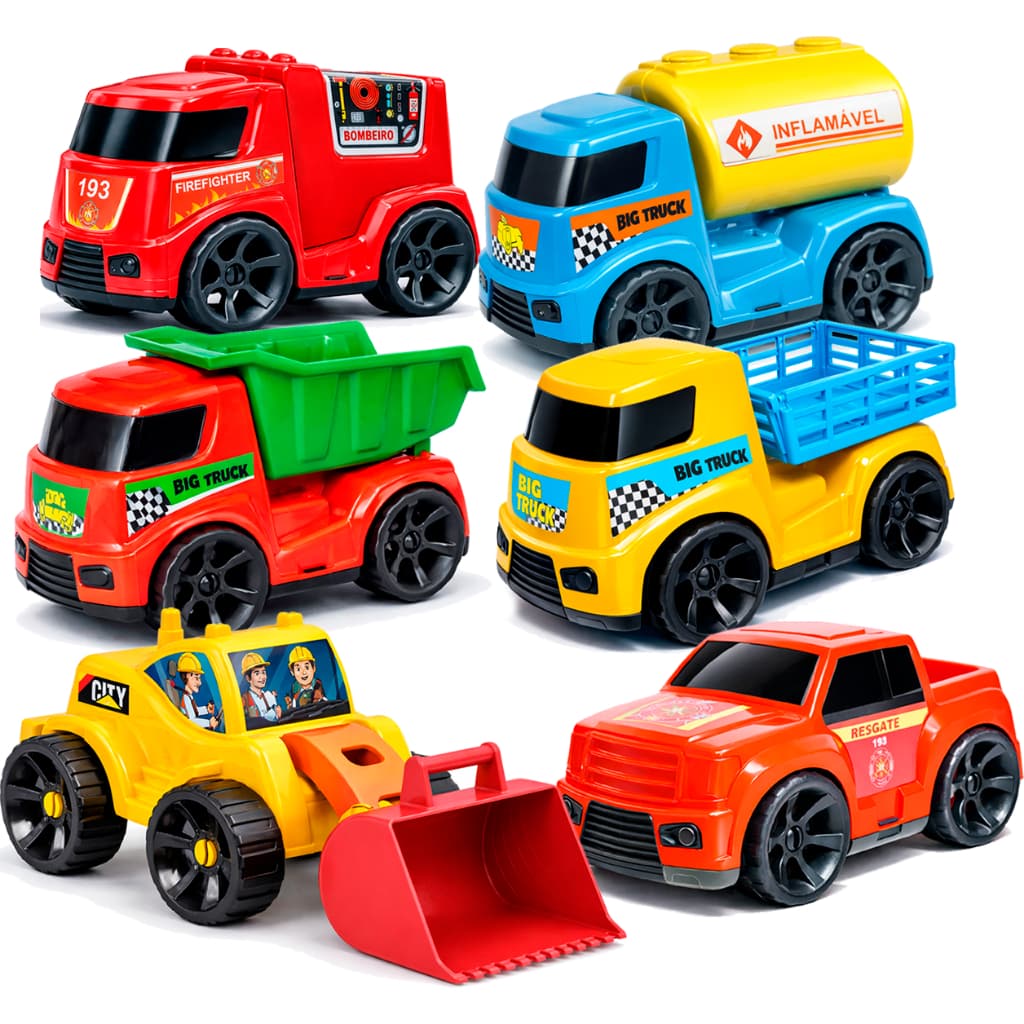 KIT COM 6 CARRINHOS BRINQUEDOS CAMINHÕES TRATOR BOMBEIRO PICKUP DALLAS CAMINHÃO AMAR É