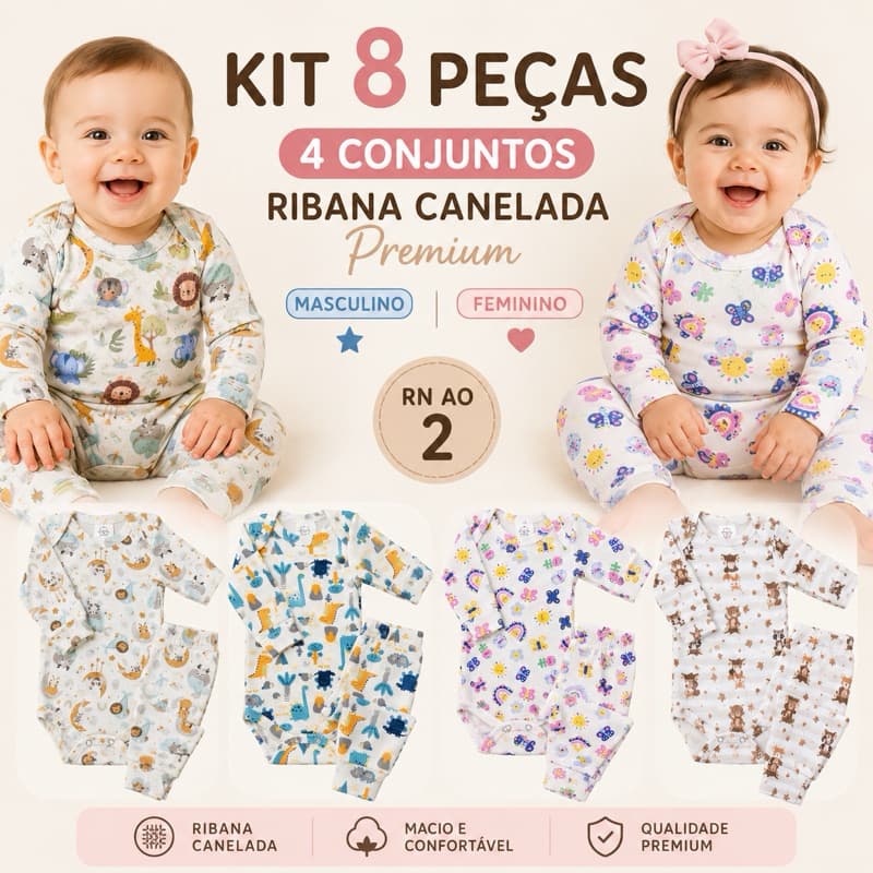 Kit 8 Peças Bebê Ribana Canelada Body Manga Longa e Mijão Rn Ao 2 Confortável Gola Transpassada Enxoval Maternidade