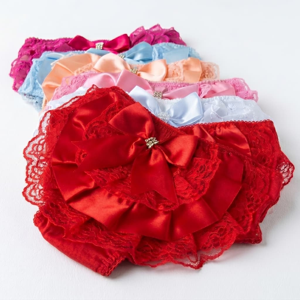 Kit 5 Calcinha Infantil Para Menina Criança E Bebê Kids Bunda Rica Com Babado Renda Com Laço De Fita Capa/Tapa Fralda