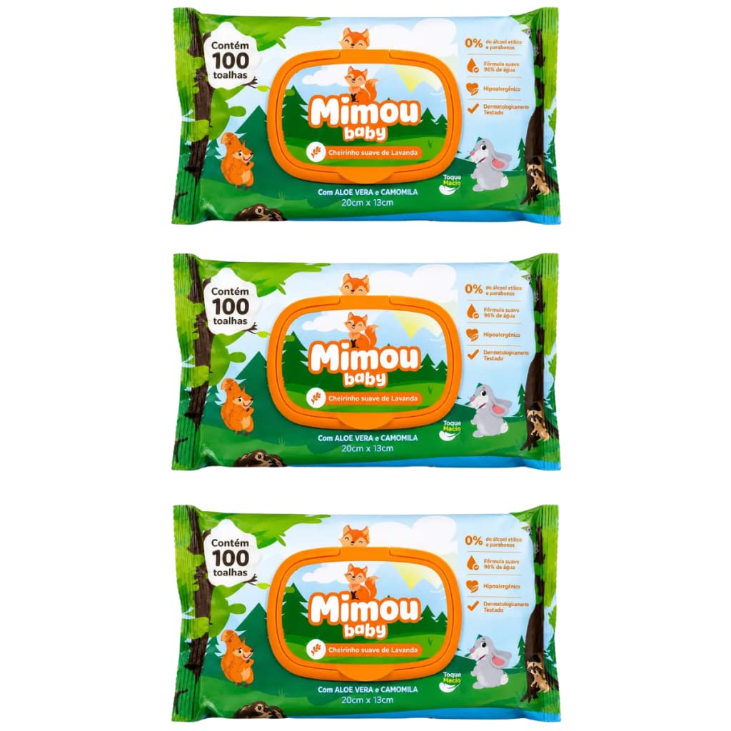 3 Pacotes Lenços Umedecidos Cheirinho de Lavanda Sem Álcool 300 Un Floresta Mimou Baby