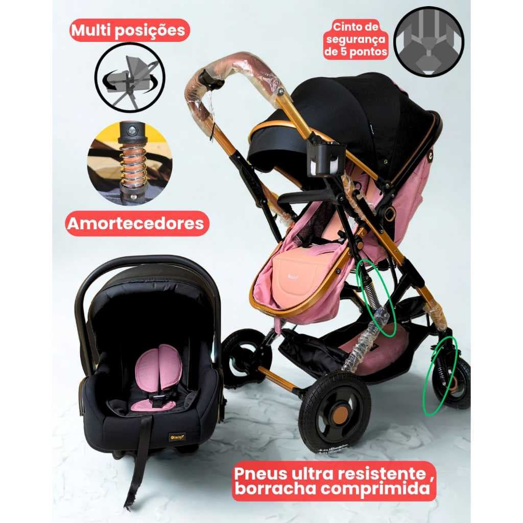 Carrinho de Bebê com Bebê Conforto, Moisés Luxo, Amortecedores , acoplável ,leve Multifuncional Luxo