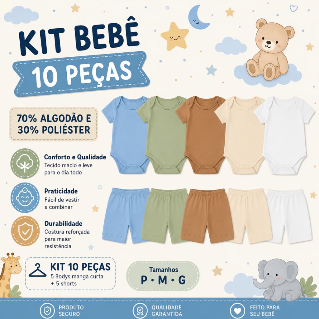 Kit 10 Peças Body Manga Curta e Shorts Conjunto Bebê Roupa de Bebê menino e menina